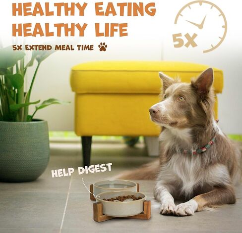 Dog Slow Feeder Ceramic Bowls Set with Stand, Cute Paw Slow Feeding Food Bowl and Water Bowl for Medium Breed, Ceramics Dog Dishes,Non Slip, Brithday Gifts, Grey in Saudi Arabia