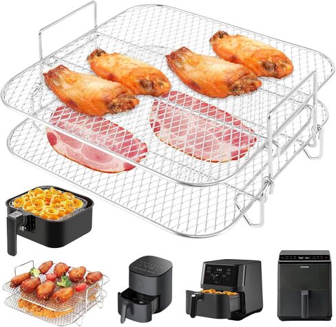 8 inch Square Air Fryer Rack, Lancisism 2 Layers Stainless Steel Dehydrator Rack Grill Square Air Fryer Accessories-8.27×8.27×3.6inch in Saudi Arabia