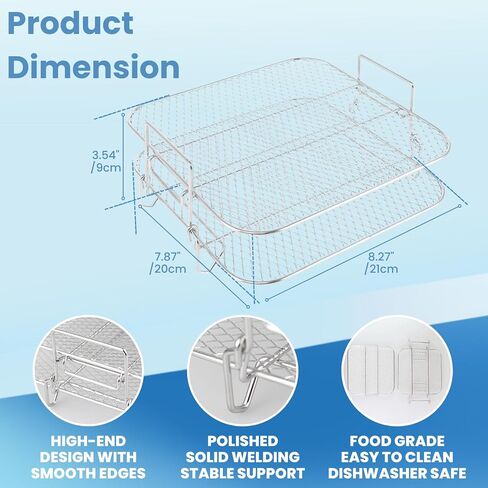 8 inch Square Air Fryer Rack, Lancisism 2 Layers Stainless Steel Dehydrator Rack Grill Square Air Fryer Accessories-8.27×8.27×3.6inch in Saudi Arabia