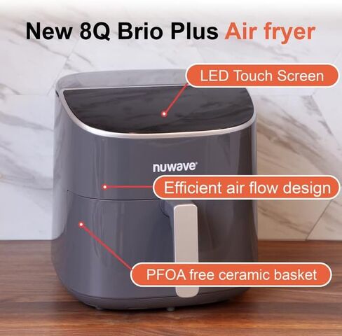 Nuwave 8QT Brio Air Fryer Plus Black, Digital LED Touch Screen with Cool White Display, 50°F~400°F in Precise 5°, 3 Wattage Alternatives, 5 Cook Functions, 50 Memory, PFAS Free, New & Improved in Saudi Arabia