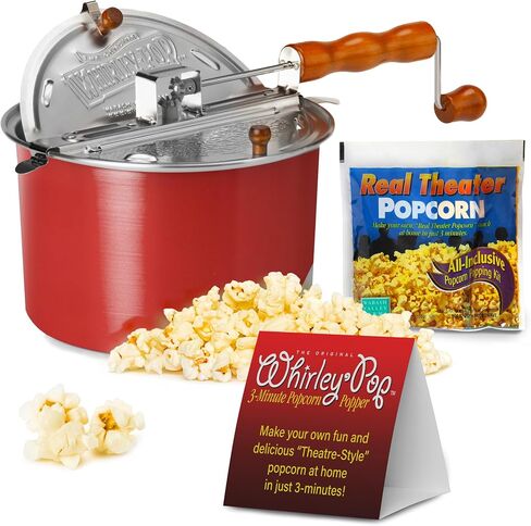 صانع الفشار الأصلي من Whirley Pop - بوبر الفشار بسعة 6 لتر مع خمس مجموعات فرقعة، وعاء الفشار من الألومنيوم مع تروس من النايلون، صانع الفشار العلوي من واباش فالي فارمز، مقلاة الفشار (أحمر) in Saudi Arabia