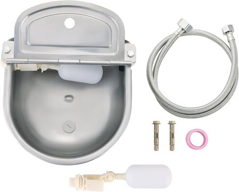 وعاء مياه الشرب التلقائي للحيوانات مع خرطوم أنبوب 39 بوصة (1/2 بوصة + 3/4 بوصة نهايات)، 2 صمامات عائمة، 2 مسمار توسيع، شريط خام، 304 من الفولاذ المقاوم للصدأ للكلاب والحصان والماعز والبقرة (مع فتحة تصريف) in Kuwait