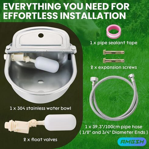 وعاء مياه الشرب التلقائي للحيوانات مع خرطوم أنبوب 39 بوصة (1/2 بوصة + 3/4 بوصة نهايات)، 2 صمامات عائمة، 2 مسمار توسيع، شريط خام، 304 من الفولاذ المقاوم للصدأ للكلاب والحصان والماعز والبقرة (مع فتحة تصريف) in Kuwait