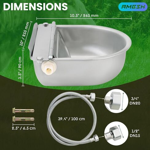 وعاء مياه الشرب التلقائي للحيوانات مع خرطوم أنبوب 39 بوصة (1/2 بوصة + 3/4 بوصة نهايات)، 2 صمامات عائمة، 2 مسمار توسيع، شريط خام، 304 من الفولاذ المقاوم للصدأ للكلاب والحصان والماعز والبقرة (مع فتحة تصريف) in Kuwait