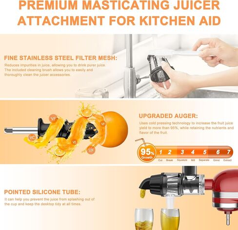 Masticating Juicer Attachment for KitchenAid Stand Mixer, Slow Juicer Attachment for Kitchen Aid with Silicone Tube and Cleaning Brush, Efficient and Easy to Clean Cold Press Juicer Parts in Saudi Arabia
