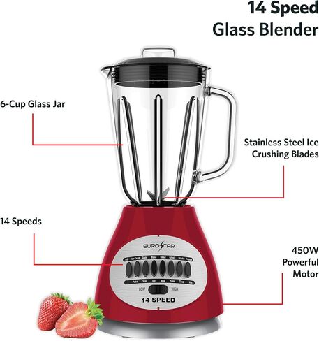 EUROSTAR 450W 14-Speed Glass Jar Blender (RED) in Saudi Arabia