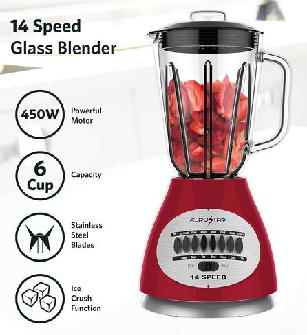 EUROSTAR 450W 14-Speed Glass Jar Blender (RED) in Saudi Arabia
