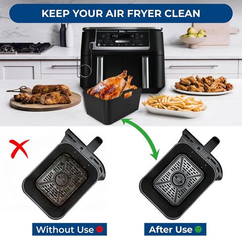 Premium Ninja 10 Quart DZ550 & DZ401 Silicone Liners|0.1inch Liner Thickness & 0.3inch high Silicone Lines on Base|Specially Designed for Rectangular Ninja Dual Air Fryer 10 Quart DZ550 & DZ401 Basket in Saudi Arabia