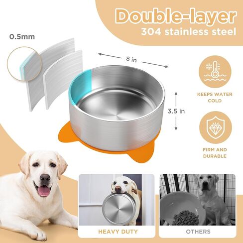 Stainless Steel Dog Bowls Large Breed, Large Dog Water Bowl with Non-Slip Rubber, Dog Food Bowl for Large Dogs, Double Wall Metal Dog Bowls Medium Sized Dog, Durable Dog Dish, Dishwasher Safe 64oz in Saudi Arabia