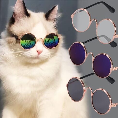 Cat and Dog Sunglasses Gold Chain Two-Piece Set, Pet Sunglasses, Retro Classic Pet Glasses, Adjustable Pet Chain, Photo Prop, for Kittens and Puppy (Black) in Saudi Arabia