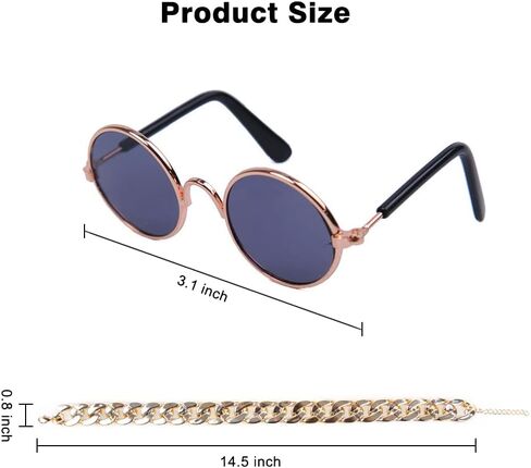 Cat and Dog Sunglasses Gold Chain Two-Piece Set, Pet Sunglasses, Retro Classic Pet Glasses, Adjustable Pet Chain, Photo Prop, for Kittens and Puppy (Black) in Saudi Arabia