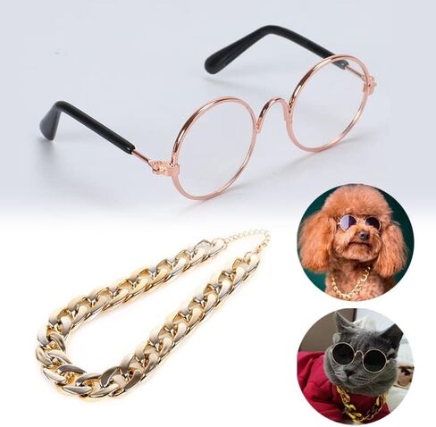 Cat and Dog Sunglasses Gold Chain Two-Piece Set, Pet Sunglasses, Retro Classic Pet Glasses, Adjustable Pet Chain, Photo Prop, for Kittens and Puppy (Black) in Saudi Arabia