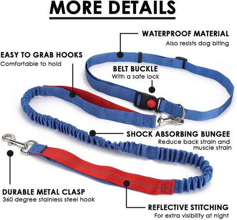 Hands Free Dog Leash, Retractable Dual Handle Bungee Leash, Adjustable Waist Dog Running Belt for Running, Walking, Training, Hiking, Traveling（Blue/Red） in Saudi Arabia