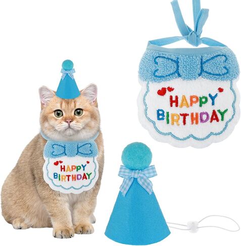 Cat Birthday Hat and Bib, Cat Birthday Bandana Outfit Cat Party Hat Scarf Set Pet Decoration Set for Cat Puppy Kitten Birthday Party Decorations(Blue) in Saudi Arabia