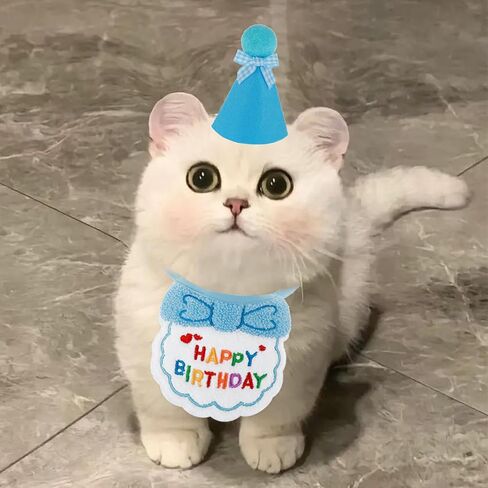 Cat Birthday Hat and Bib, Cat Birthday Bandana Outfit Cat Party Hat Scarf Set Pet Decoration Set for Cat Puppy Kitten Birthday Party Decorations(Blue) in Saudi Arabia