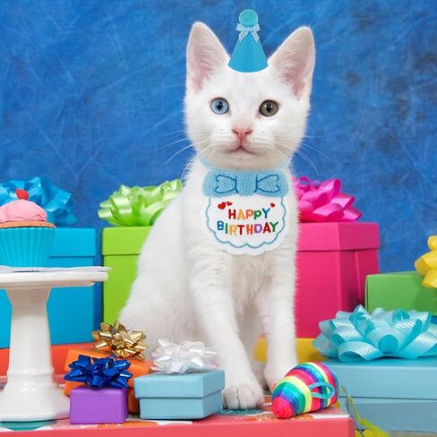 Cat Birthday Hat and Bib, Cat Birthday Bandana Outfit Cat Party Hat Scarf Set Pet Decoration Set for Cat Puppy Kitten Birthday Party Decorations(Blue) in Saudi Arabia