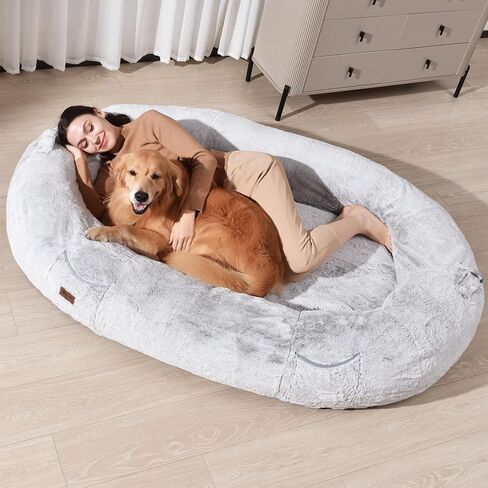 Human Dog Bed for People Large - Bean Bag Adult Size Giant Extra Sized for Kid Waterproof and Washable Anti-Slip Grey 74"" x50 x12 (Grey White) in Saudi Arabia