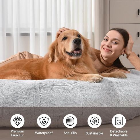 Human Dog Bed for People Large - Bean Bag Adult Size Giant Extra Sized for Kid Waterproof and Washable Anti-Slip Grey 74"" x50 x12 (Grey White) in Saudi Arabia