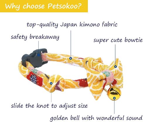 PetSoKoo Bowtie Cat Collar with Bell Breakaway, Japan Chirimen Fabric Golden Bell in Saudi Arabia