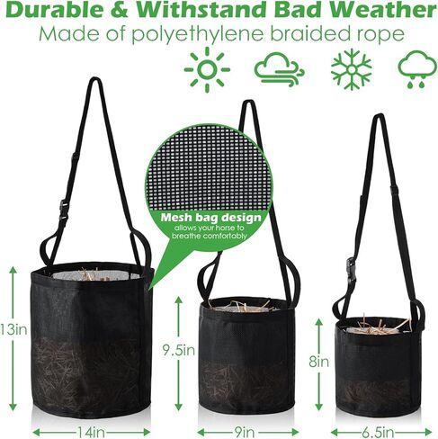 3 قطع من أكياس تغذية الخيول الشبكية شديدة التحمل، حقيبة حبوب قابلة للتنفس، دلو شبكي لتغذية الخيول مع حزام قابل للتعديل وقاعدة مقاومة للماء، أسود، 3 مقاسات in Kuwait