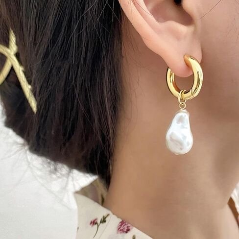 Pearl Hoop Earrings for Women Gold Pearl Earrings Baroque Baroque Pearl Drop Earrings Dainty White Pearl Earrings Wedding Jewelry Gifts in Saudi Arabia