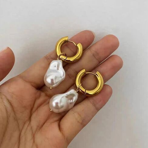 Pearl Hoop Earrings for Women Gold Pearl Earrings Baroque Baroque Pearl Drop Earrings Dainty White Pearl Earrings Wedding Jewelry Gifts in Saudi Arabia