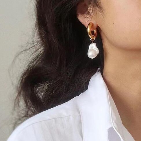 Pearl Hoop Earrings for Women Gold Pearl Earrings Baroque Baroque Pearl Drop Earrings Dainty White Pearl Earrings Wedding Jewelry Gifts in Saudi Arabia