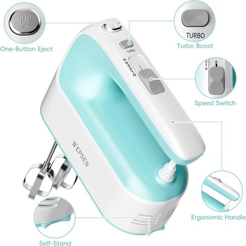 Hand Mixer, 380W Electric Hand Mixer 5-Speeds Electric Mixer with 6 Stainless Steel Whisk Beater Attachments, Snap-On Storage Case, Measuring Cups, Electric Handheld Cake Mixers for Baking Supplies in Saudi Arabia
