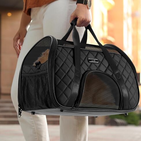 Pecute Cat Carrier Soft، حامل الحيوانات الأليفة المعتمد من شركة الطيران، حاملات الكلاب الصغيرة، حامل الجرو خفيف الوزن، قابل للتنفس، حقيبة سفر للقطط، حامل كبير للقطط، حامل جرو للسفر يصل إلى 10 رطل (أسود) in Kuwait