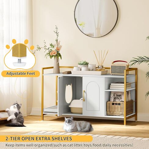 Snughome Cat Litter Box Enclosure, Modern Cat Litter Box Furniture, Hidden Litter Box with Litter Catcher/Storage Shelves, Cat Washroom Cat House Side End Table Entryway Bench for Living Room, White in Kuwait