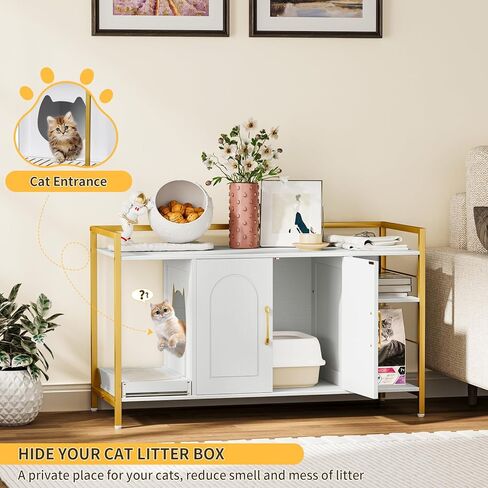 Snughome Cat Litter Box Enclosure, Modern Cat Litter Box Furniture, Hidden Litter Box with Litter Catcher/Storage Shelves, Cat Washroom Cat House Side End Table Entryway Bench for Living Room, White in Kuwait