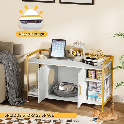 Snughome Cat Litter Box Enclosure, Modern Cat Litter Box Furniture, Hidden Litter Box with Litter Catcher/Storage Shelves, Cat Washroom Cat House Side End Table Entryway Bench for Living Room, White in Kuwait