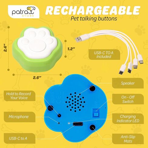 Patraw Rechargeable Dog Buttons Talk – Dog Buttons for Communication – 4-Pcs Recordable Button Set – Voice Recording Button Set – Cat and Dog Speaking Buttons for Training in Saudi Arabia