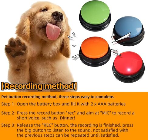 أزرار للكلاب للاتصال، 4 أزرار تسجيل صوتي ملونة، طنان تدريب الكلاب الأليفة، زر صغير واضح للتحدث لمدة 30 ثانية، تسجيل وتشغيل مضحك للكلاب والقطط (الحجم: 3.54 × 1.57 بوصة) in Kuwait