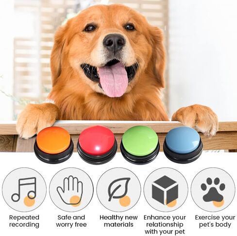 أزرار للكلاب للاتصال، 4 أزرار تسجيل صوتي ملونة، طنان تدريب الكلاب الأليفة، زر صغير واضح للتحدث لمدة 30 ثانية، تسجيل وتشغيل مضحك للكلاب والقطط (الحجم: 3.54 × 1.57 بوصة) in Kuwait