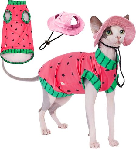 Sphynx Cat Watermelon Shirt &Sun Hat for Summer, Cooling Breathable UPF 50+ Shirt for Cats & Small Dogs Apparel, Shirt and Hat Set for Cats (M (3.5-5.5lbs)) in Kuwait