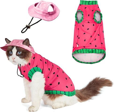 Sphynx Cat Watermelon Shirt &Sun Hat for Summer, Cooling Breathable UPF 50+ Shirt for Cats & Small Dogs Apparel, Shirt and Hat Set for Cats (M (3.5-5.5lbs)) in Kuwait