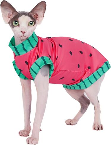 Sphynx Cat Watermelon Shirt &Sun Hat for Summer, Cooling Breathable UPF 50+ Shirt for Cats & Small Dogs Apparel, Shirt and Hat Set for Cats (M (3.5-5.5lbs)) in Kuwait