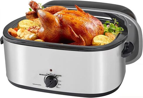 26QT Roaster Oven,3 in 1 Electric Roaster Oven with Thawing Heating Warm Function,Turkey Roaster Oven Buffet with Visual Self-Basting Lid,Removable Pan Rack,Cool-Touch Handles,Stainless Steel Silver in Saudi Arabia