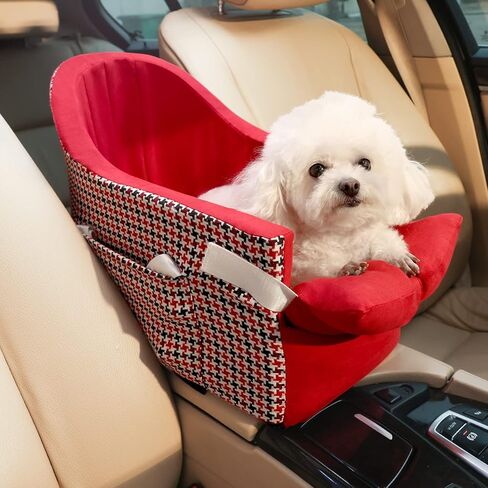 Pet Car Booster Seat for Small Dog or Cat, Removable Washable Center Console Armrest Dog Car Seat with Bow Shape Soft Pillow (Red) in Kuwait