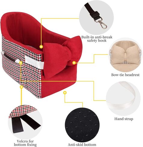 Pet Car Booster Seat for Small Dog or Cat, Removable Washable Center Console Armrest Dog Car Seat with Bow Shape Soft Pillow (Red) in Kuwait