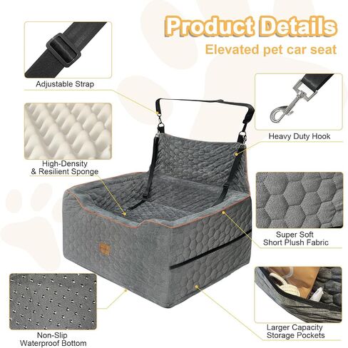 Dog Car Seat for Larger/Medium Dog,Dog Booster Seat,Dog Car Bed,Washable Removable Pet Travel Safety Pet Car Seat with Storage Pockets,Dog Travel Bed Suitable for Dogs Under 60Lbs(Gray) in Saudi Arabia