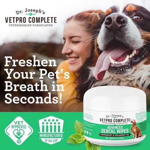 مناديل دكتور جوزيف فيتبرو المتقدمة لأسنان الكلاب، 50 قطعة، منظف أسنان سهل للكلاب والقطط مع النعناع والنعناع، ​​ينعش التنفس، ويقلل من الجير in Kuwait
