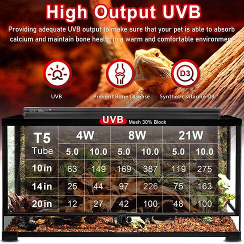 غطاء مصباح الزواحف T5 HO UVB 4 وات، غطاء مصباح الزواحف مع أنبوب مصباح UVB 5.0، مناسب لزواحف الغابات المطيرة (4 وات - 7 بوصات) in Kuwait