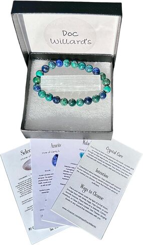 مجموعة هدايا سوار أزوريت مالاشيت قابل للتمدد مقاس 8 مم من دوك ويلارد مع قطعة سيلينيت و3 بطاقات معلوماتية بلورات شفاء ميتافيزيقية ريكي in Kuwait