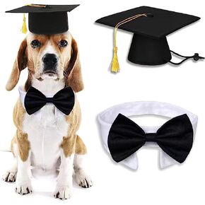 2 Pcs Graduation Pet Caps with Bow Tie Set Small Dog Cat Pet Black White Graduation Hat with Tassels and Bowtie Necktie Collar for Puppy Kitten Graduation Carnival Party Dress Costume Accessories