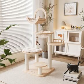 Happy&Polly Solid Wood Cat Tree - 56.3" Multi-Leve Building Block Cat Tower with Cozy Hammock, Sisal Scratching Posts, Padded Platform, 4 Install Modes, Large Cat Activity Center for Indoor Cats