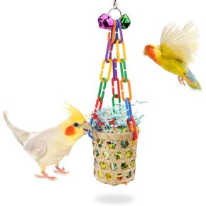 Wontee Bird Toys Colorful Shredding Crinkles Foraging Toys Natural Sola Ball Parakeet Toys for Parrots Cockatiels Conures Budgies Senegal (Bamboo basket (1 Pack))