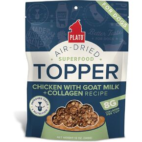 PLATO Pet Treats Dog Food Toppers - Air-Dried Dog Food Toppers for Dry Food - with Collagen to Support Skin and Coat Health - Chicken and Collagen Recipe 12oz
