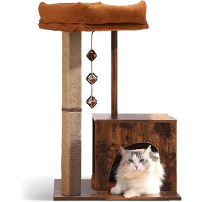 FUKUMARU Cat Scratching Post, (2024 Upgrade) Retro Style Cat Tree with Unique Square Post, Wooden Cat Tower with silvervine balls, Modern Cat Condo Scratcher for Indoor Cats